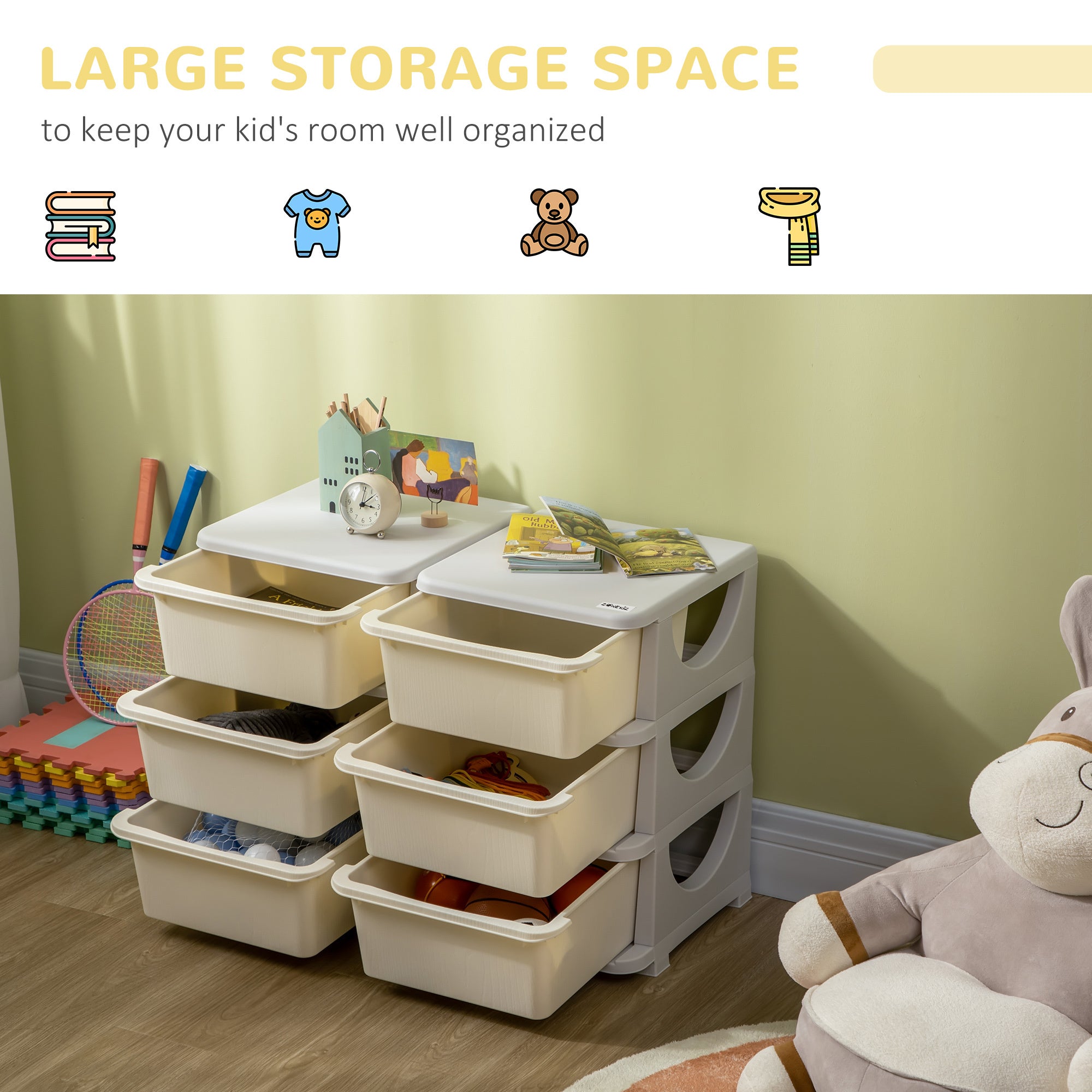 Kids Storage Unit Toy Box Vertical Dresser with Six Drawers - Cream HOMCOM