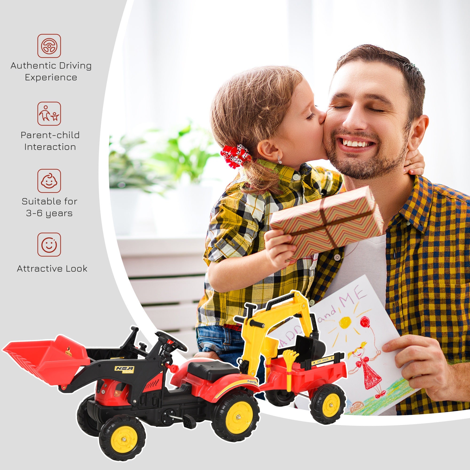 Pedal Powered Tractor Ride-On Car Moving Bucket Steering Wheel 3-6 Yrs