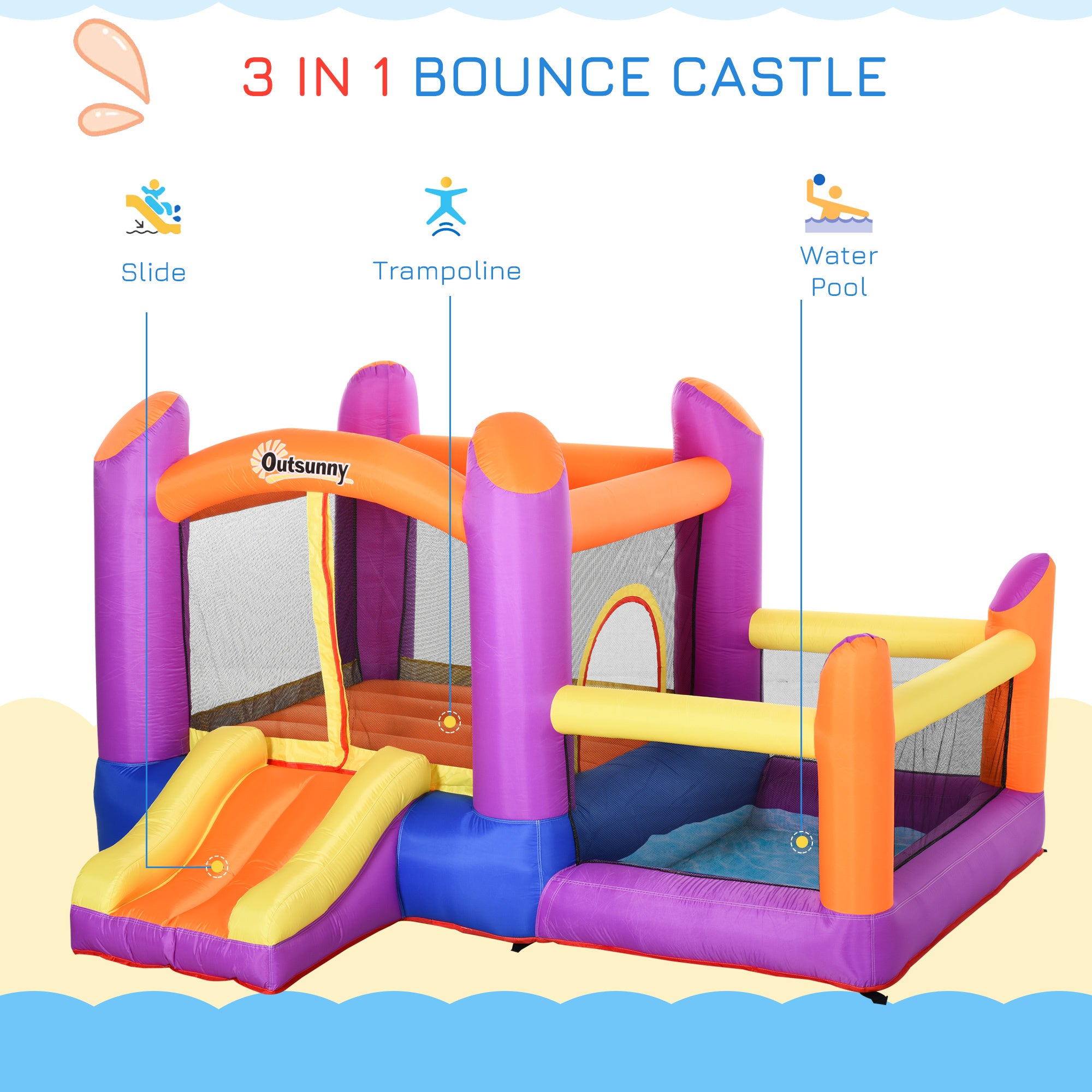 Bouncy Castle with Slide Pool House Inflatable w/ Blower Multi-color Outsunny