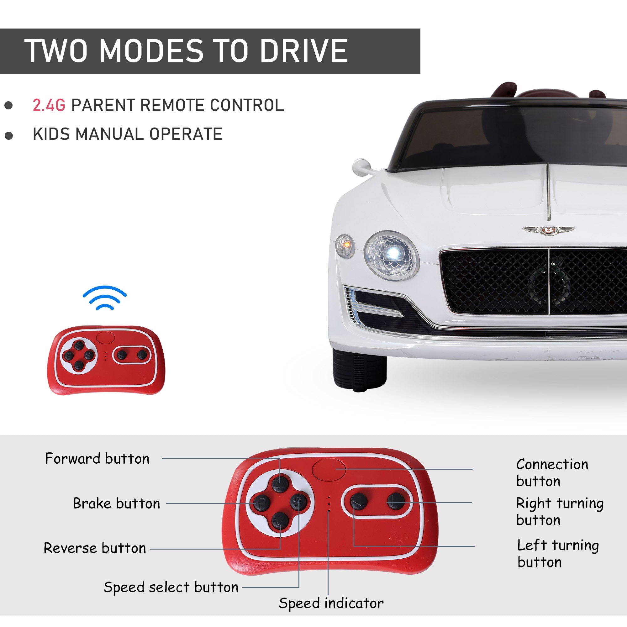Electric Ride-on Car w/ LED Lights Music Parental Remote Control White HOMCOM