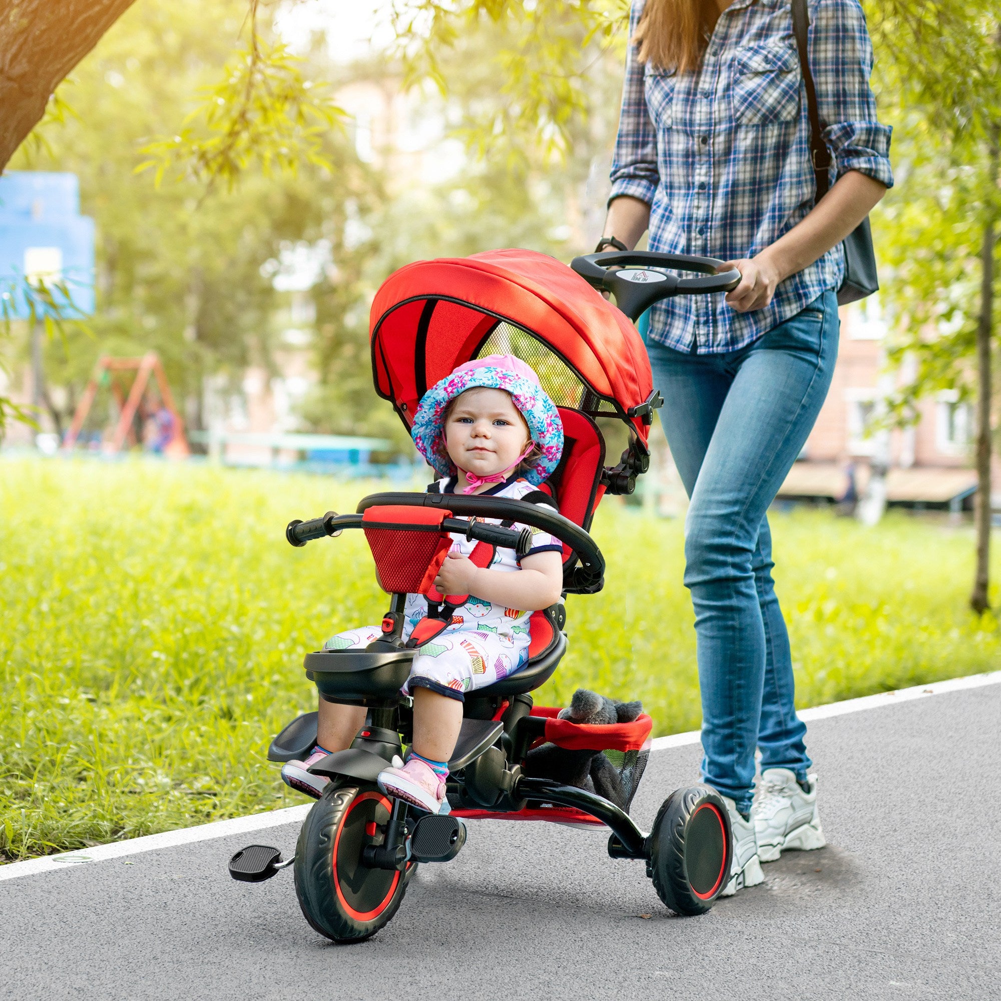 Multifunctional Baby Trike with Rotatable Seat, Push Handle - Red