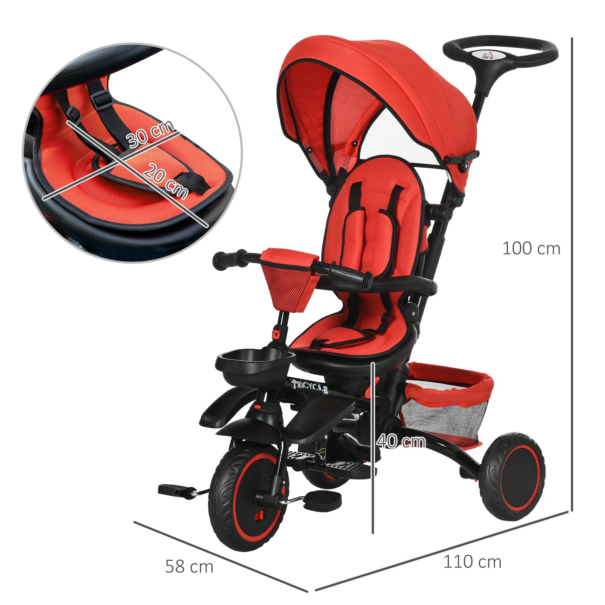 Multifunctional Baby Trike with Rotatable Seat, Push Handle - Red