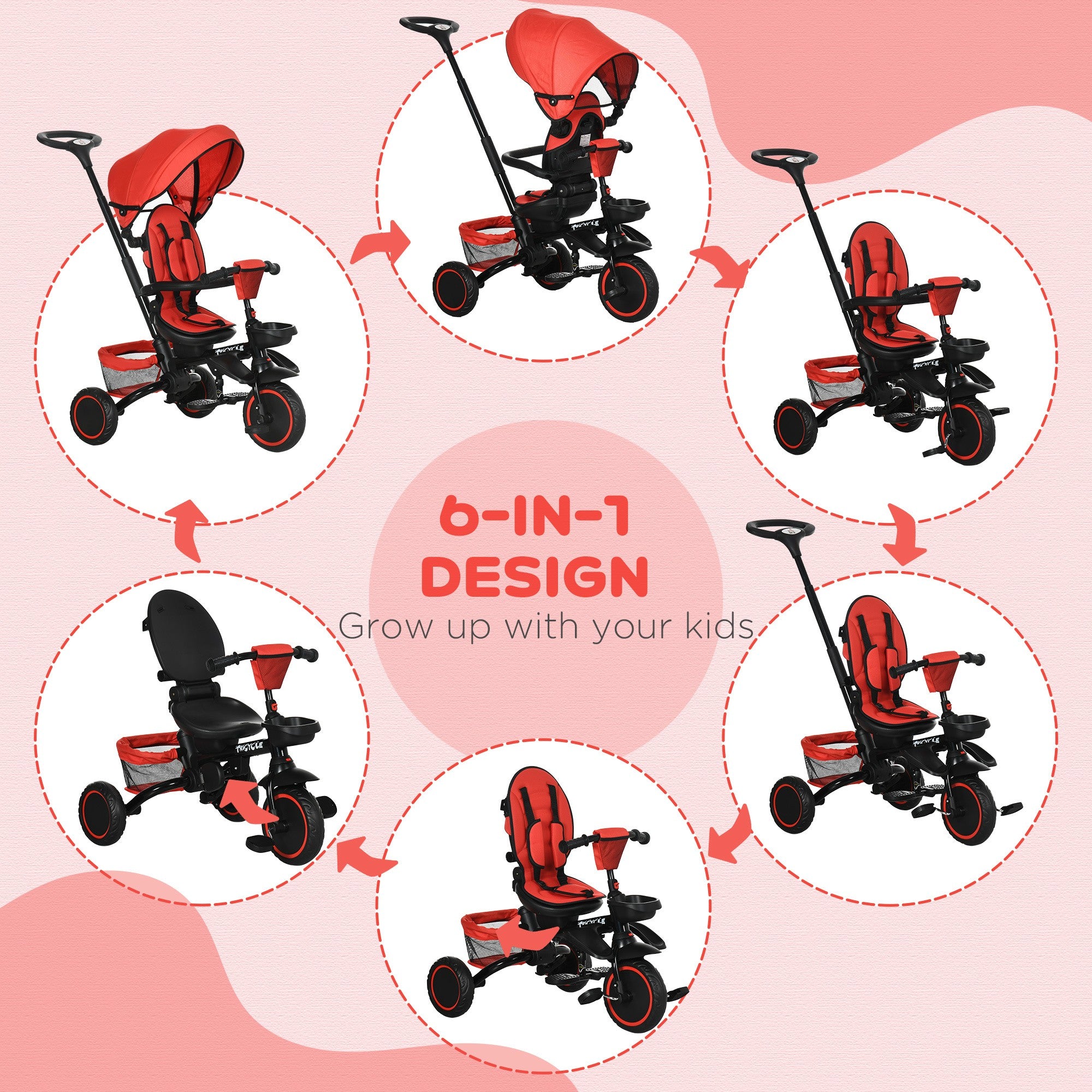 Multifunctional Baby Trike with Rotatable Seat, Push Handle - Red