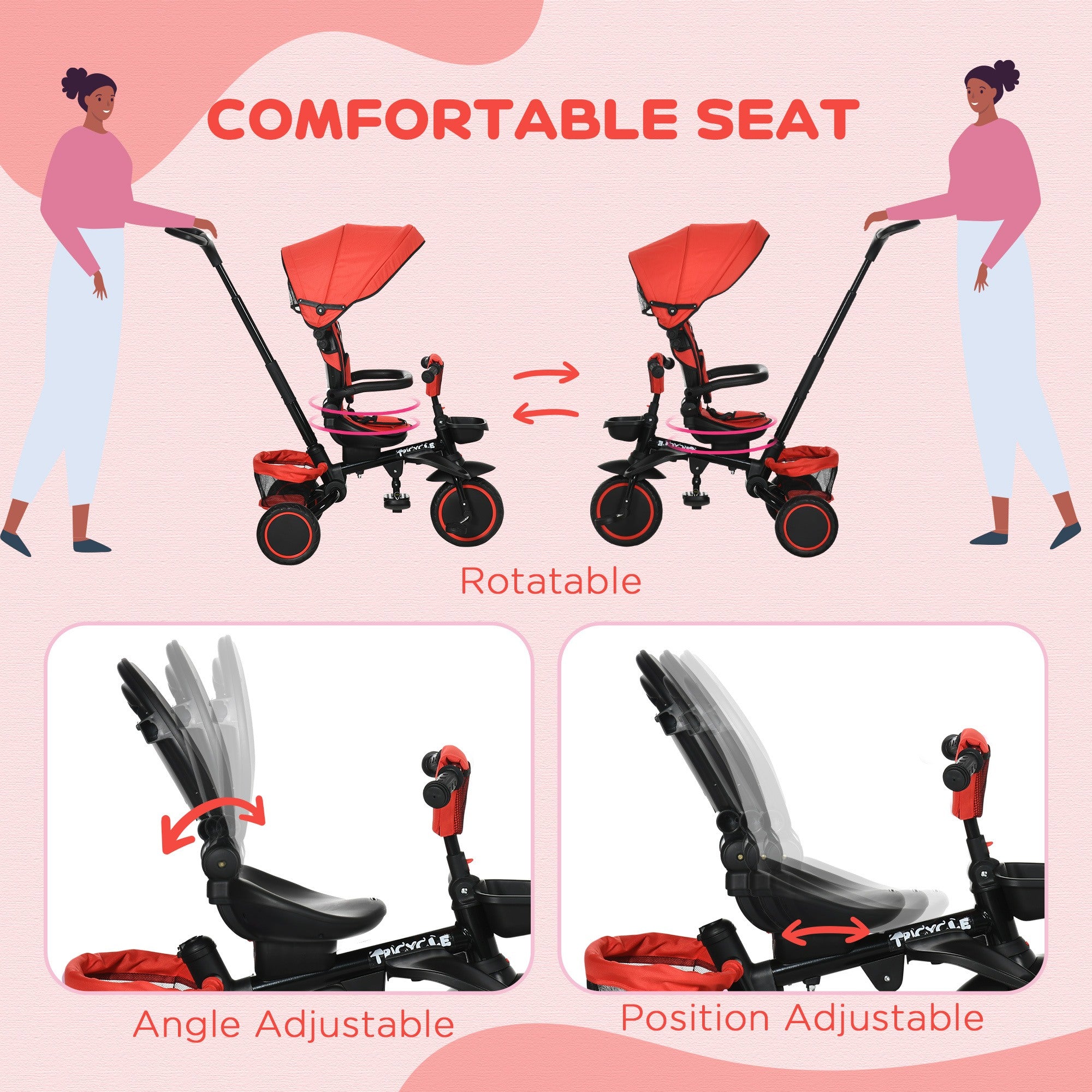 Multifunctional Baby Trike with Rotatable Seat, Push Handle - Red