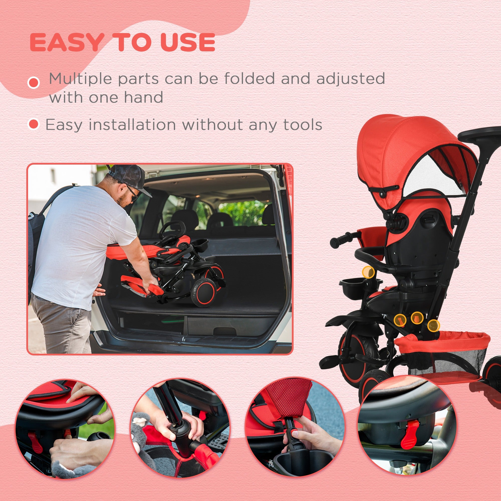 Multifunctional Baby Trike with Rotatable Seat, Push Handle - Red