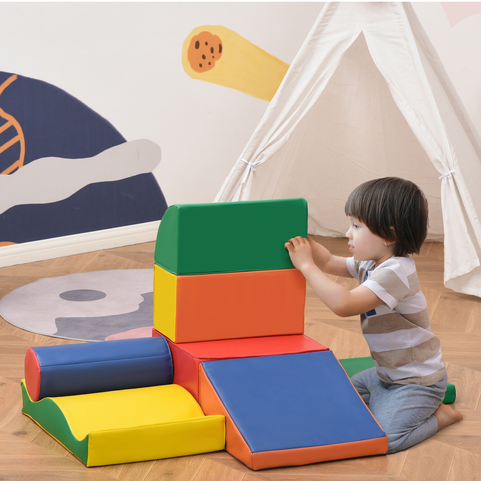 HOMCOM 7 Pcs Kids Soft Foam Puzzle Play Blocks Set Learning Toddler Activity