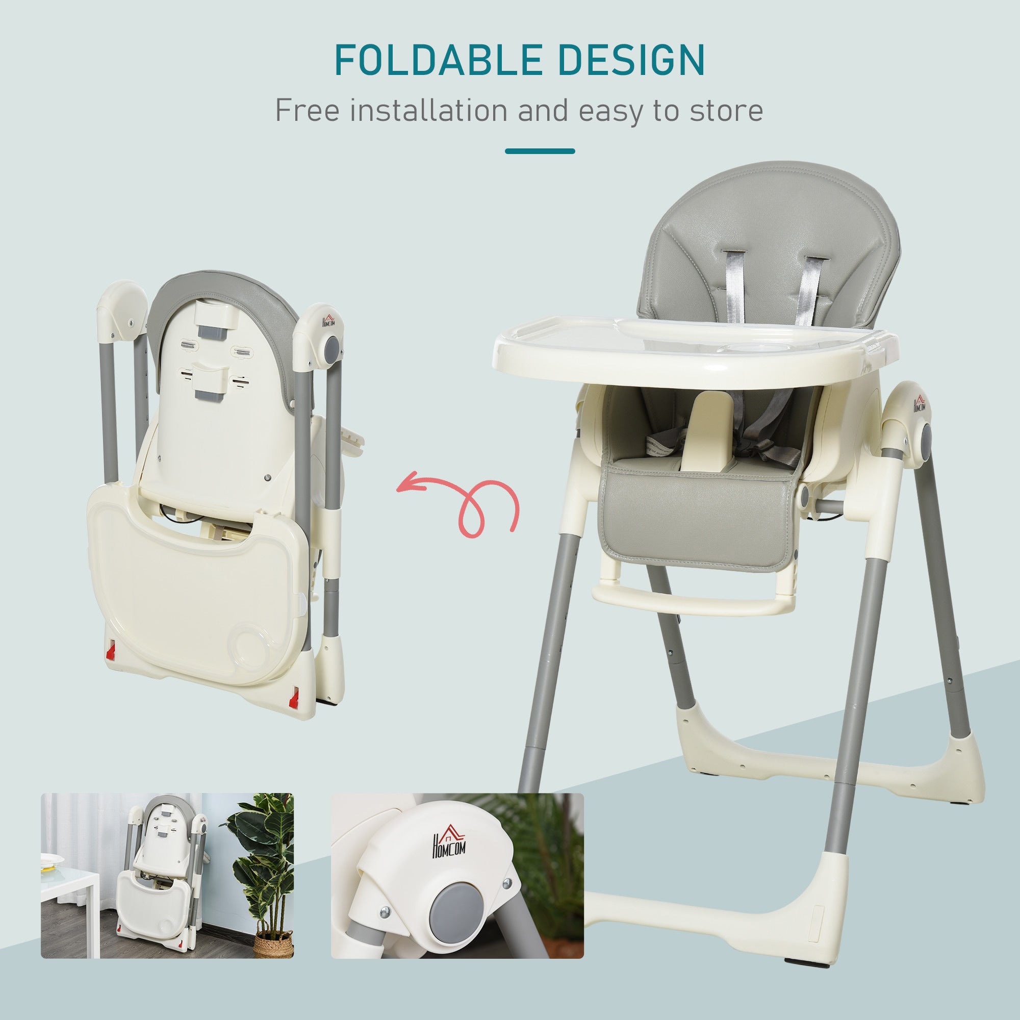 Foldable Baby High Chair Toddler Height Back Footrest Adjustable Grey HOMCOM
