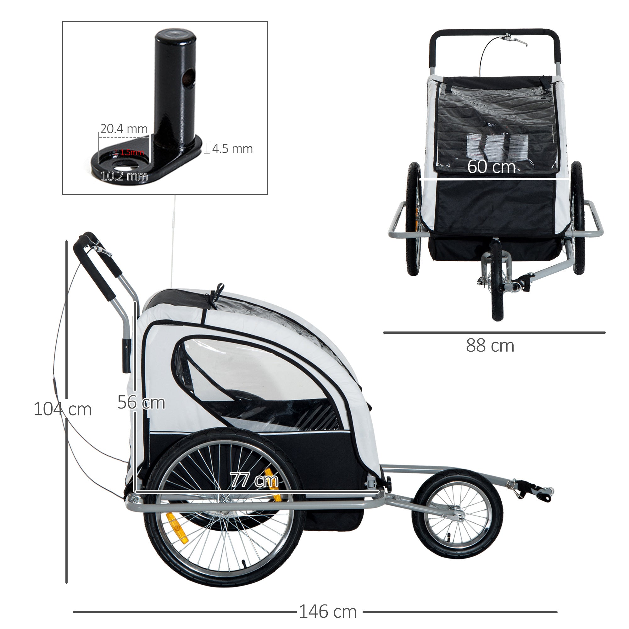 Child Trailer Bike Bicycle for Kids 2 Seater Pivot Wheel Steel White HOMCOM