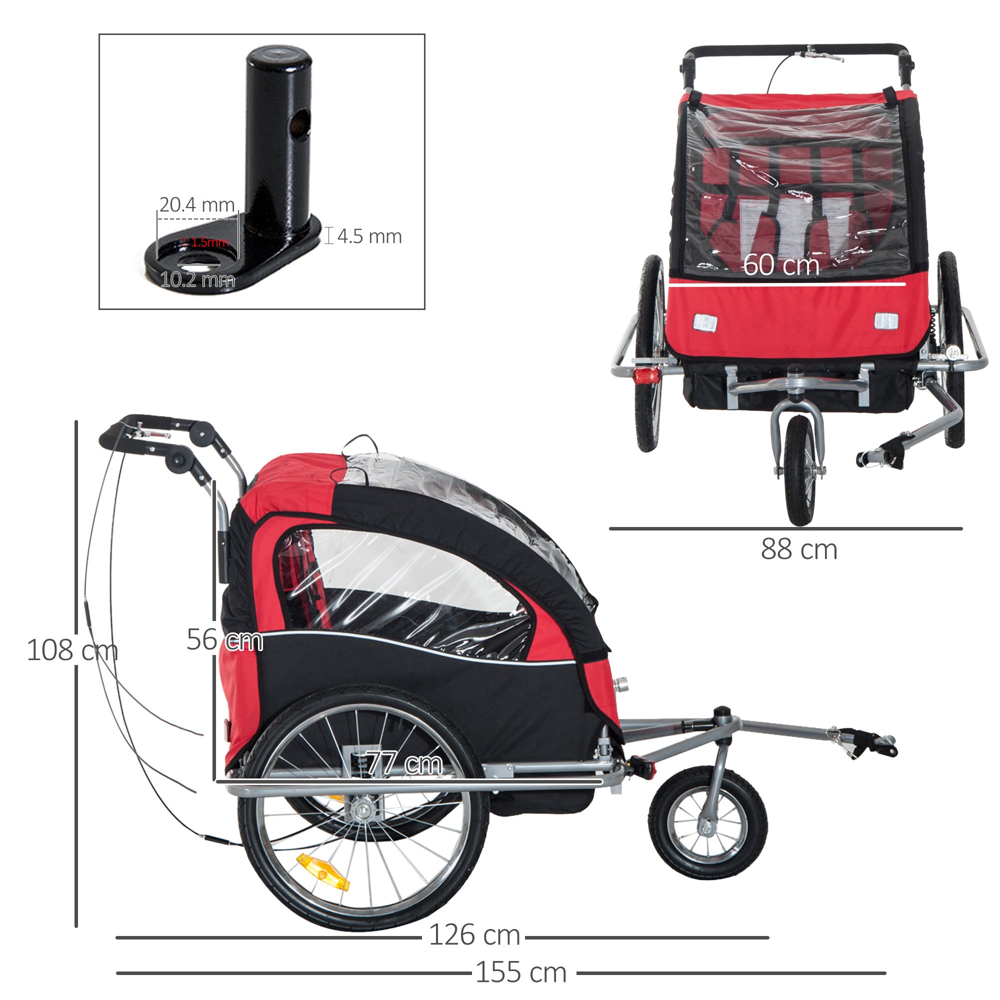 Bike Trailer 2-Seater for Bicycle Baby Child Carrier 2-Seater Red HOMCOM