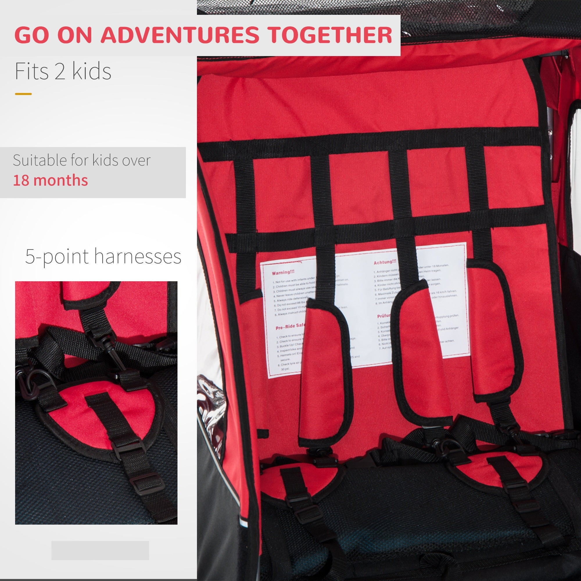 Bike Trailer 2-Seater for Bicycle Baby Child Carrier 2-Seater Red HOMCOM