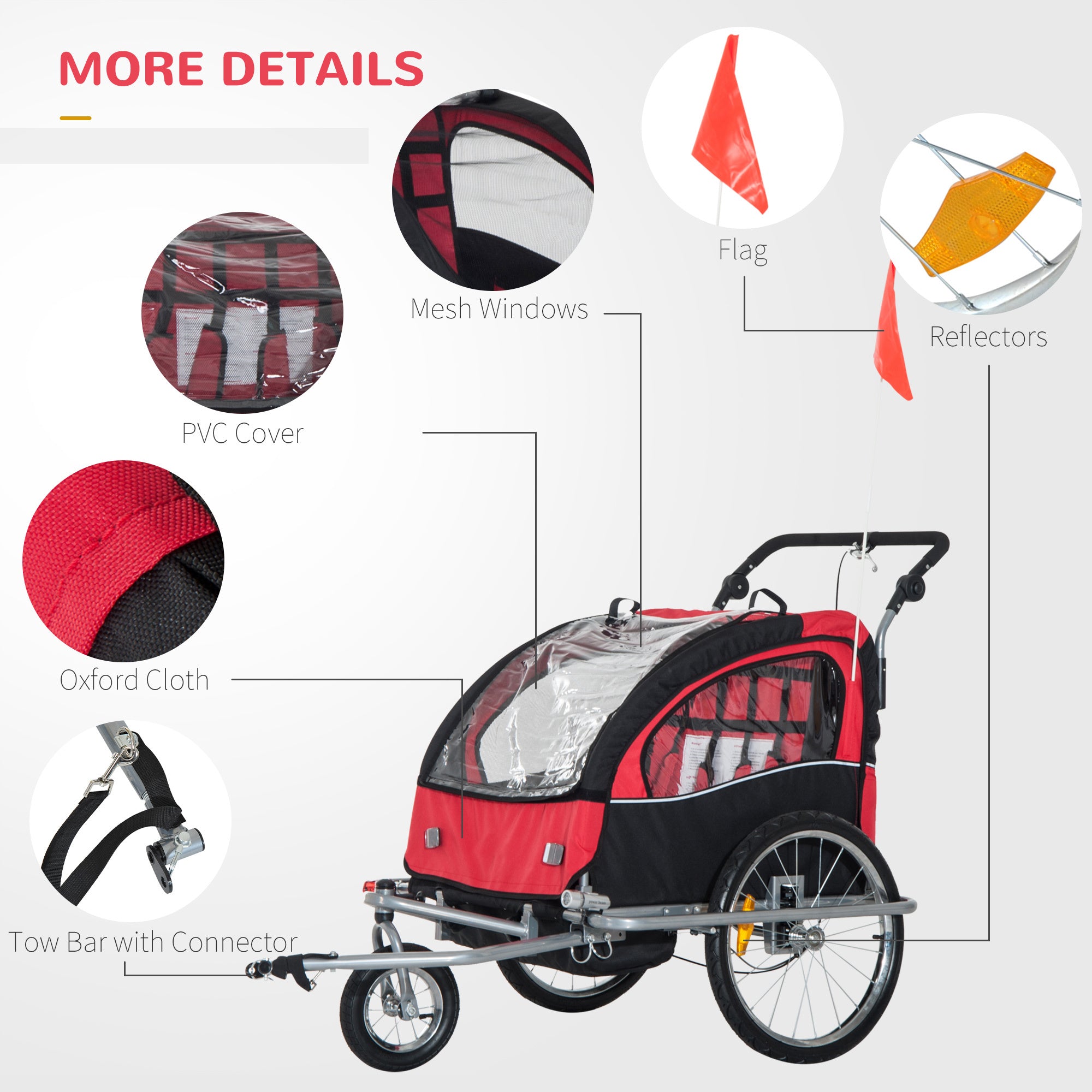 Bike Trailer 2-Seater for Bicycle Baby Child Carrier 2-Seater Red HOMCOM