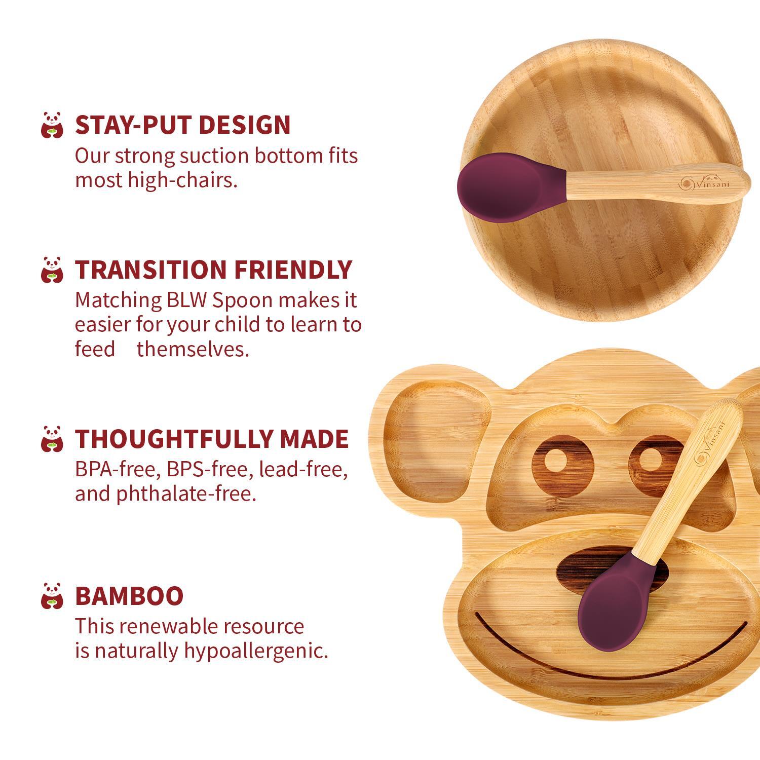 Bamboo Monkey Plate Bowl & Spoon Set Suction Bowls Stay-Put Design - RED