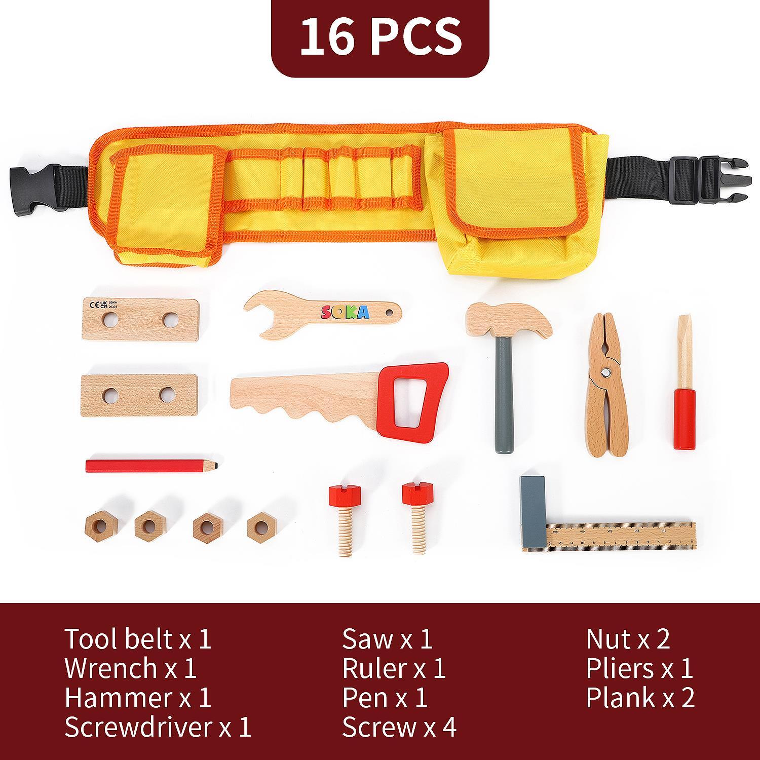 SOKA Wooden Carpenter's Tool Belt with Wooden Tools Pretend Play Builder
